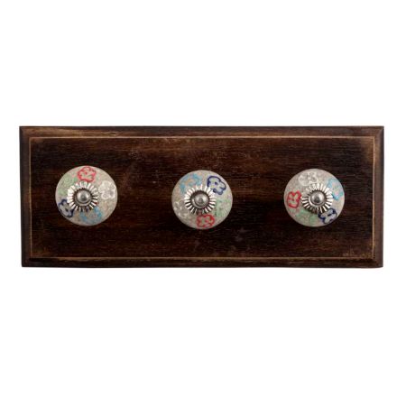 Multi Colored Floral Crackle Ceramic Wooden Hooks